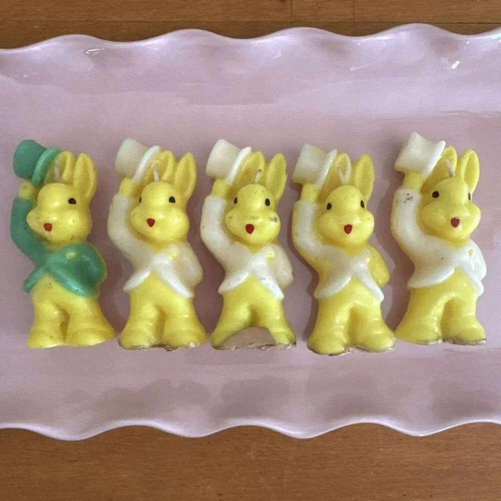 Vintage Gurley Candle Co Yellow Rabbits  Top Hats, Lot of 5, Unburned 3.5 Inch